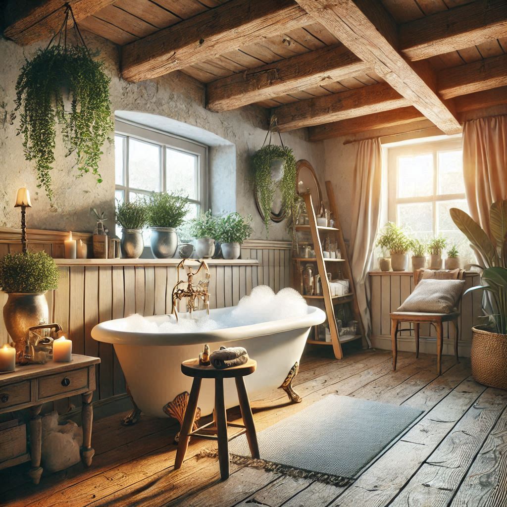 Handcrafted copper bathtub with a vintage faucet, adding rustic charm to a traditional bathroom setting.