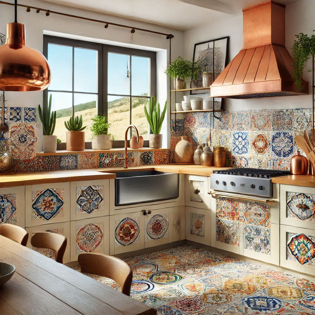 Large modern US house kitchen featuring Talavera tiles and a copper apron sink, blending contemporary design with traditional Mexican craftsmanship.