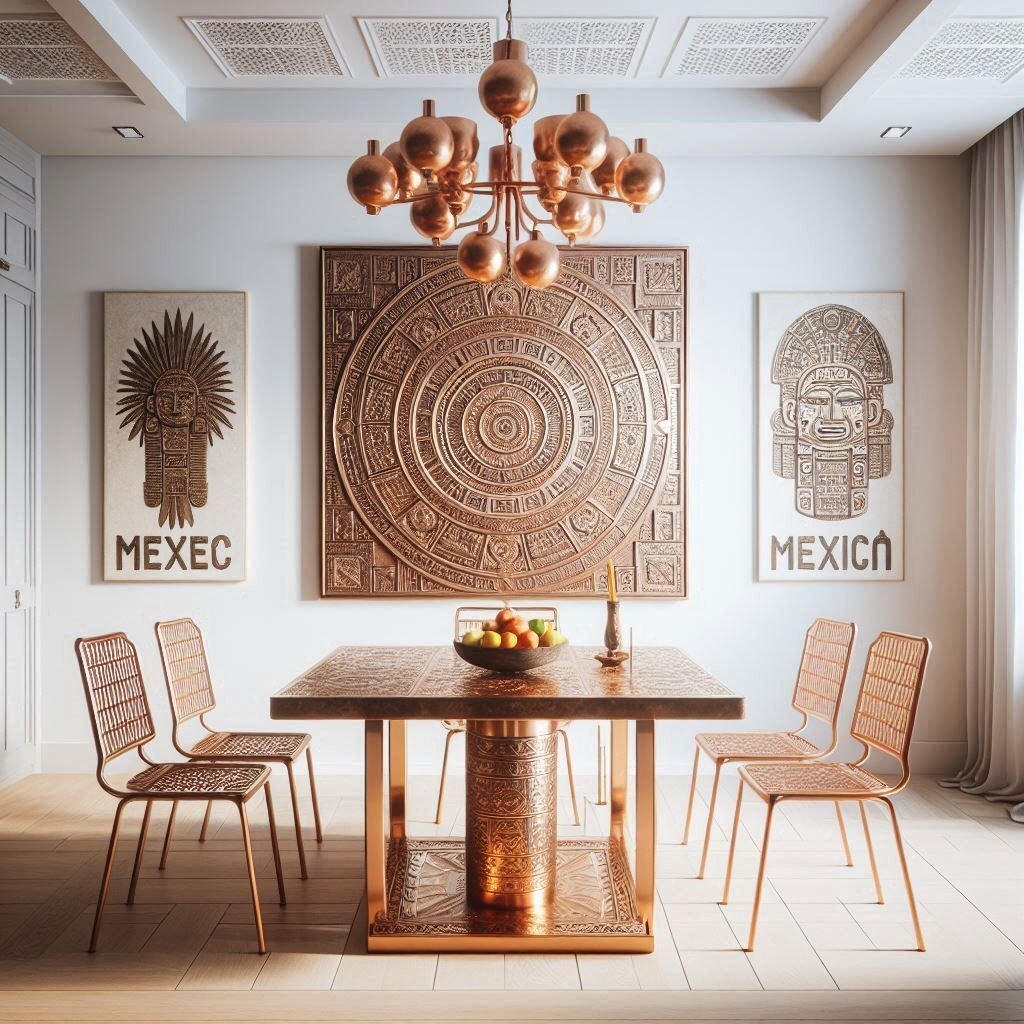 Copper table-top in a modern dining room featuring a zomc Aztec calendar.