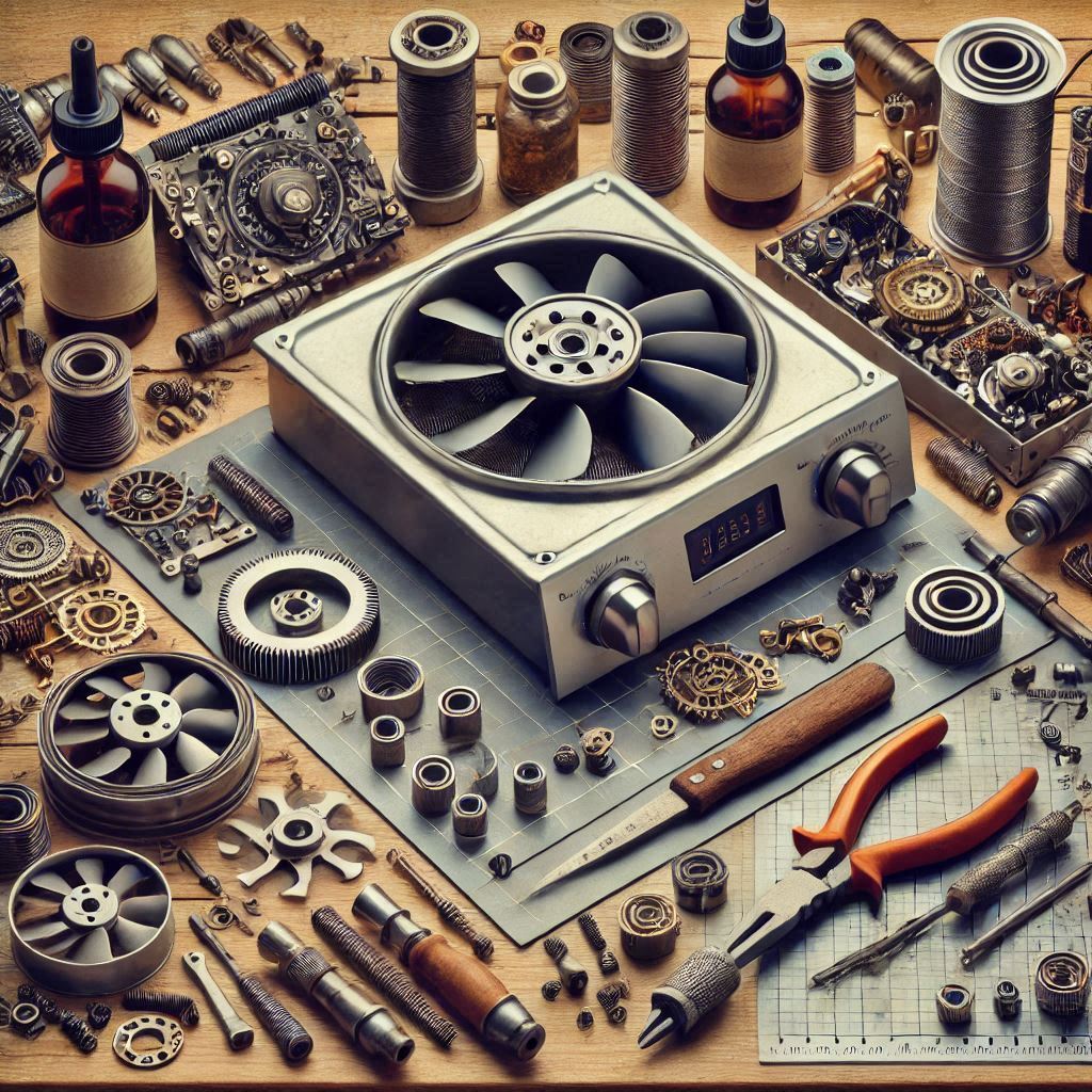 Spare parts of the range hood on a workshop table, including filters, ducting, and mounting hardware, essential for maintenance and installation.