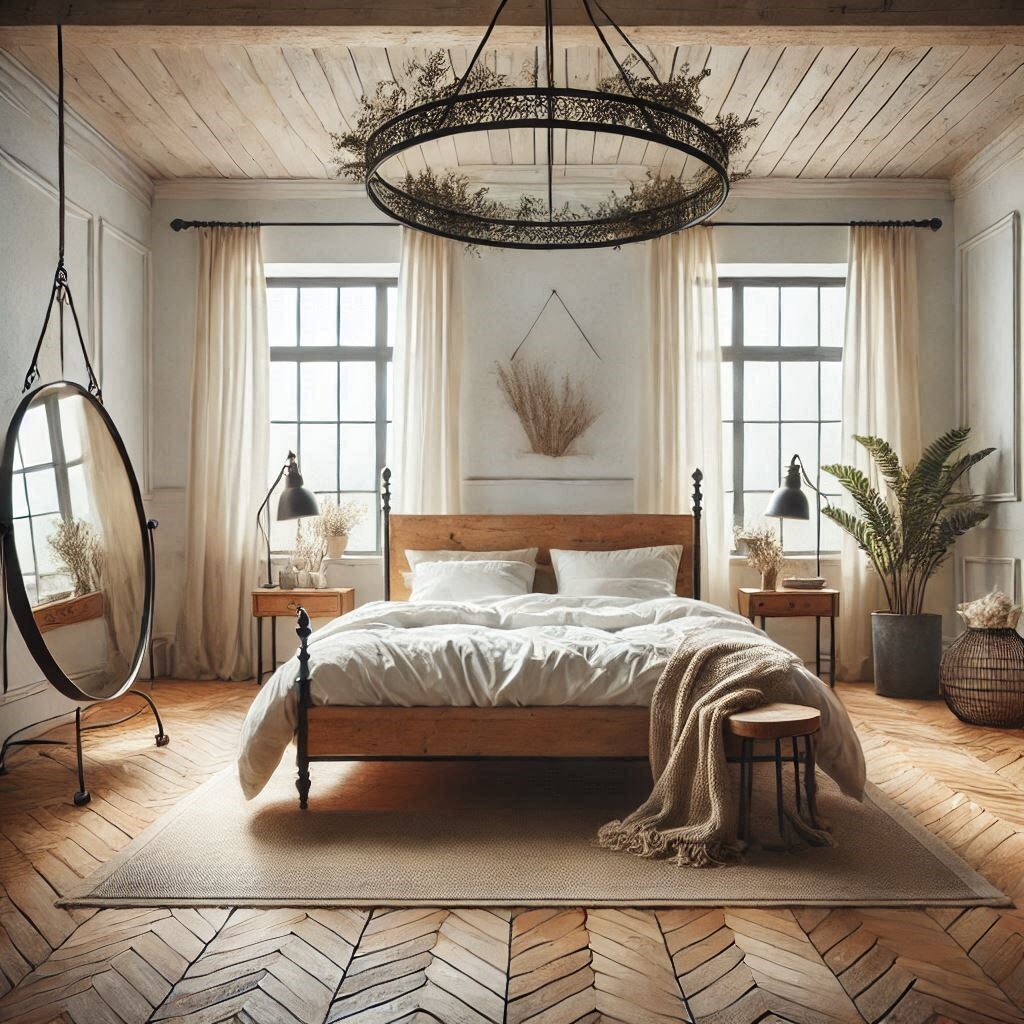 Large simple bedroom with rustic wooden headboard and iron mirror, combining natural light with cozy, rustic charm.