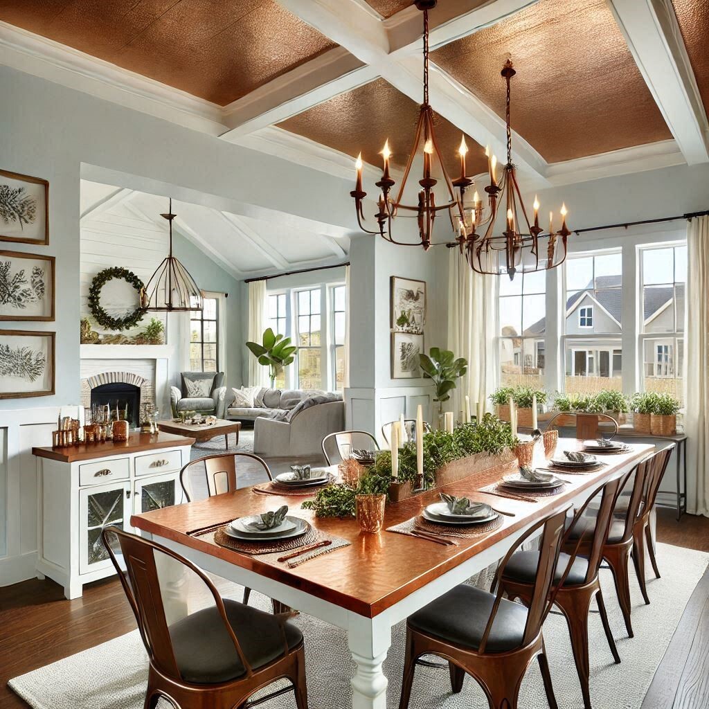 Suburban style dining room with a hammered copper tabletop, white walls, and white ceiling, combining modern design with rustic charm.