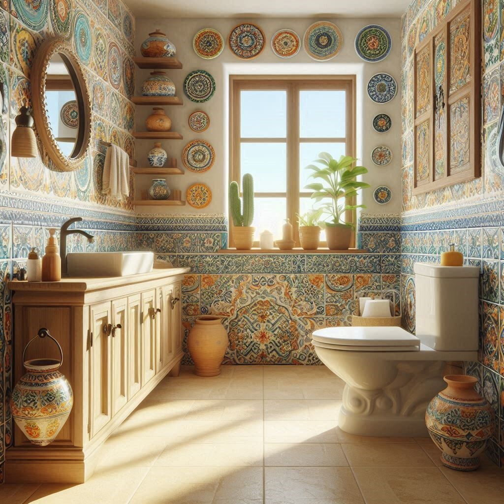 Handcrafted rustic bathroom accessories with Talavera designs adding Mexican artistry