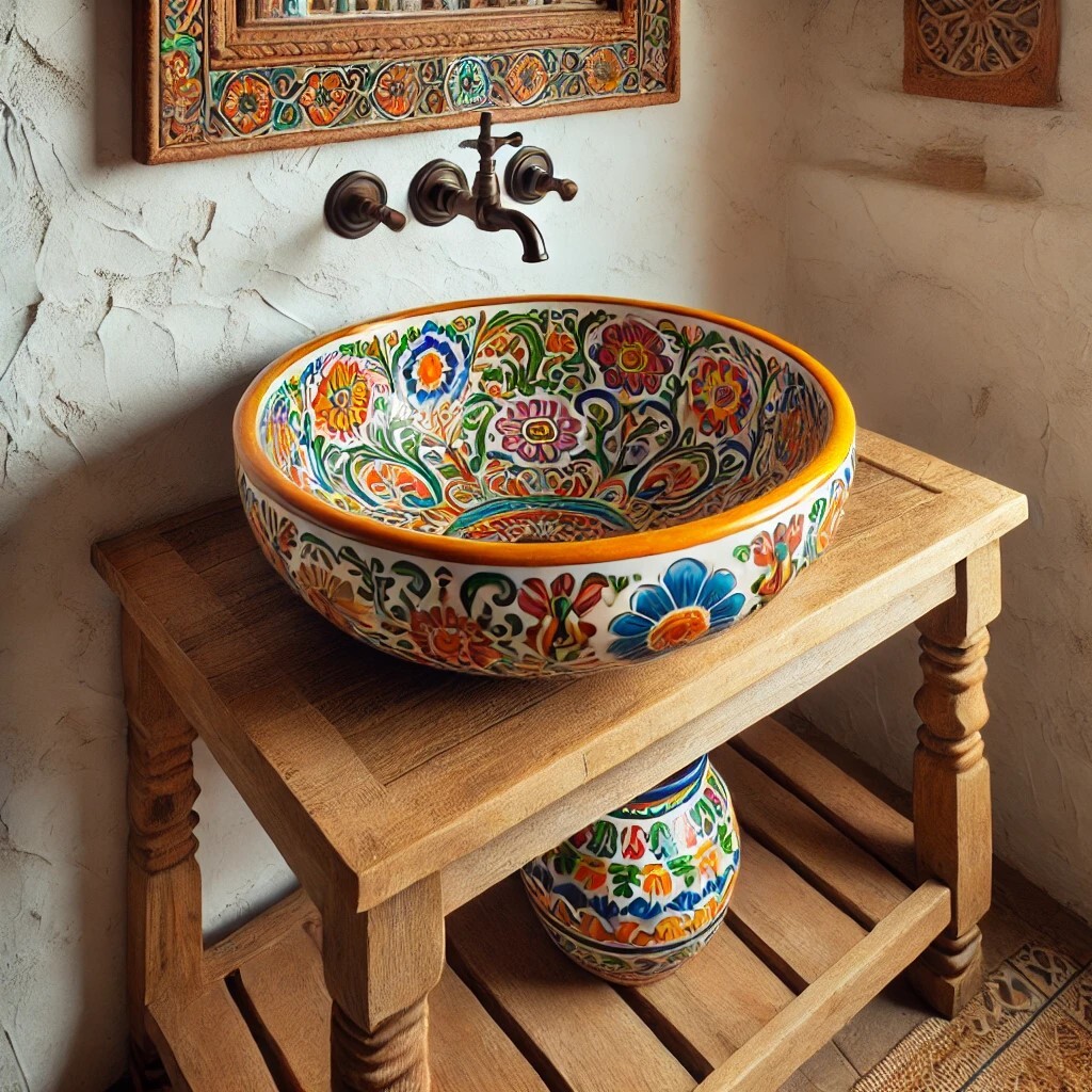 Oval Talavera sink installed as an undermount in a rustic bathroom setting with white walls.