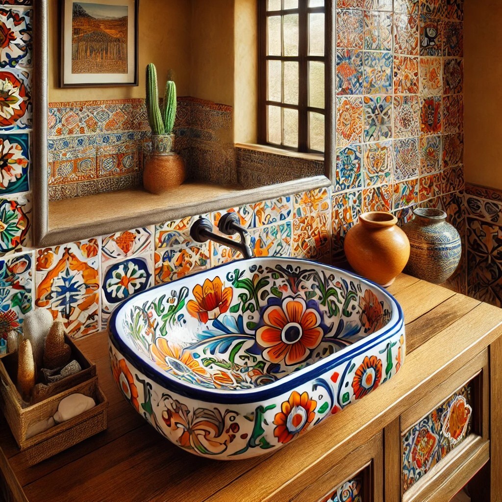 Mexican painted ceramic bath vessel sink with vibrant Talavera patterns inside and outside.