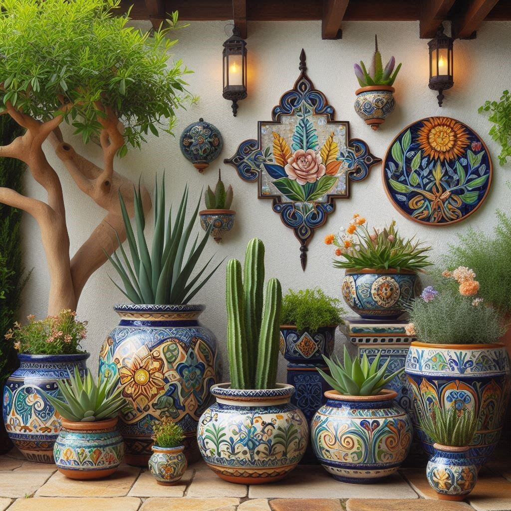 Hand-painted Talavera flower pots and sconces with colorful Mexican designs, perfect for patios and gardens.