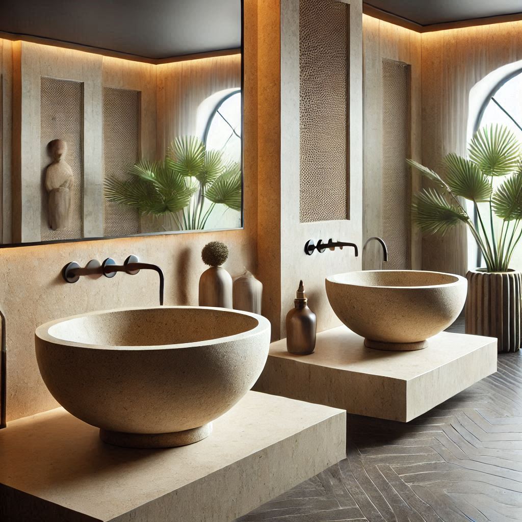 Handcrafted Cantera stone sink with a rustic pedestal base, showcasing natural volcanic textures in a Spanish colonial-style bathroom.