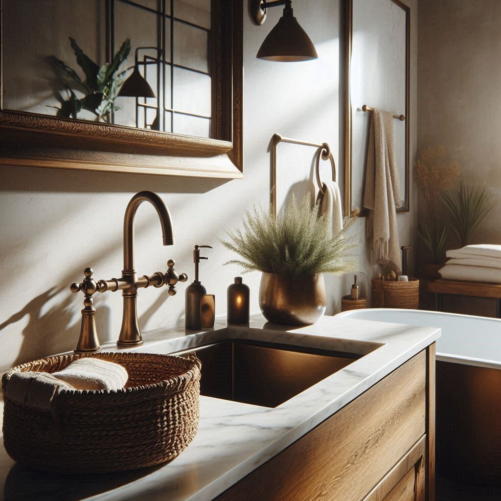 Rustic bronze faucet in a bathroom, combining classic charm with modern design.