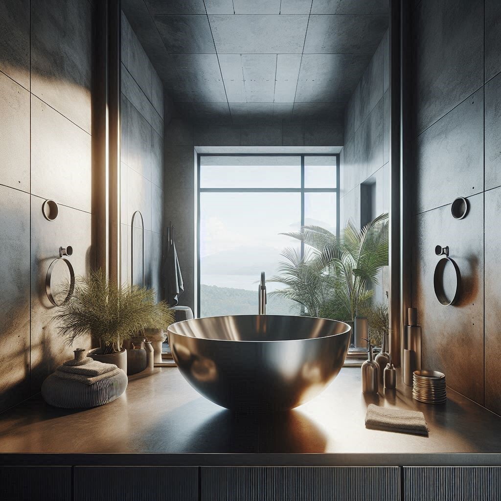 Zinc vessel sink in a modern bathroom combining sleek design with rustic elegance