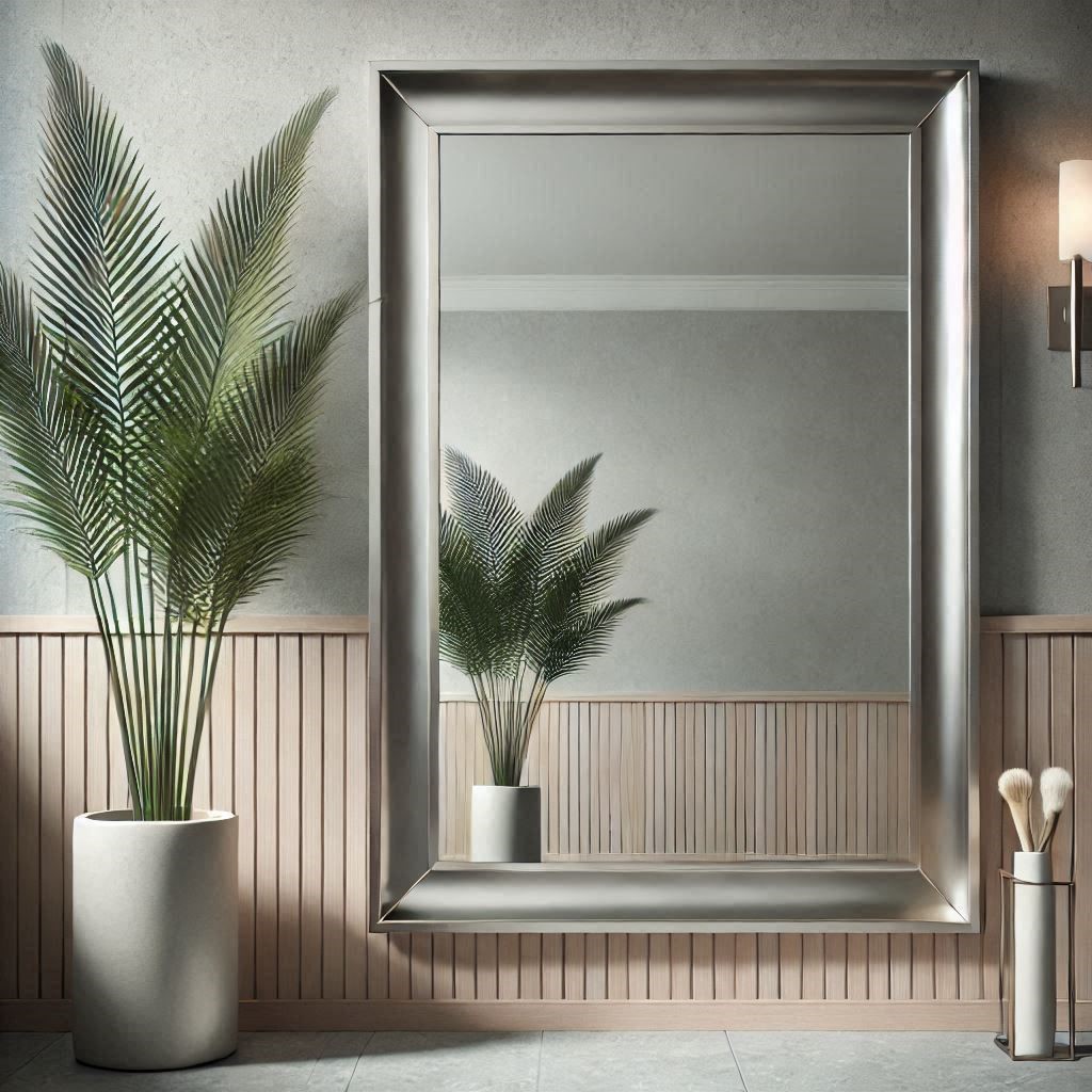 Handcrafted zinc-framed mirror with an aged patina finish, ideal for industrial and rustic interiors.