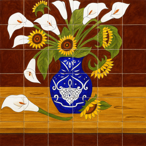 Mexican Tile Mural with Sunflowers and Calla Lilies in Blue Vase