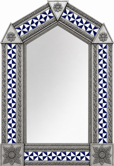 Handcrafted Arch Tin Mirror with Blue Pinwheel Tiles