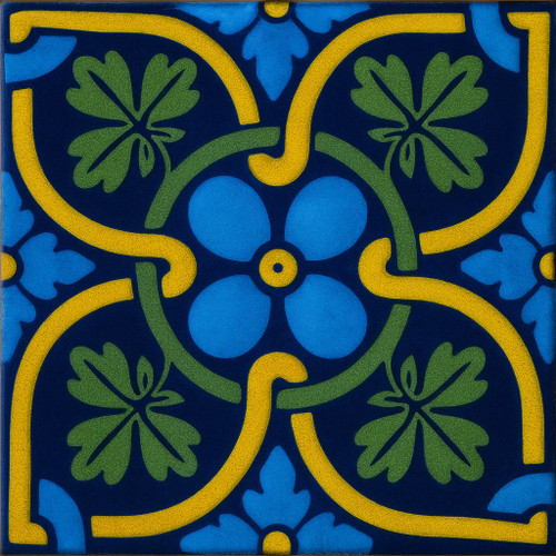 Handcrafted Mexican Talavera Tile with Blue Yellow and Green Ornament Motif