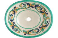 Elegant Mexican bathroom oval sink with a green scrollwork pattern