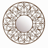 Round wrought iron mirror with ornate scrollwork with dark rust brown finish
