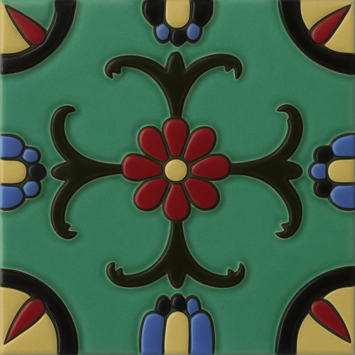 Mexican Relief Tile – Red Flower Scroll Pattern