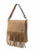 Dimensions: 12x13.50” x 2.50” Liner Canvas 
Closure: Leather Flap with Fringe 
Hardware: Nickel 
7" zipper pocket inside and one under the leather flap -Two lined pockets 
Handpainted 24" and 48" interchangeable straps 
Feet Nickel