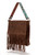 Dimensions: 12x13.50” x 2.50” Liner Canvas 
Closure: Leather Flap with Fringe 
Hardware: Nickel 
7" zipper pocket inside and one under the leather flap -Two lined pockets 
Handpainted 24" and 48" interchangeable straps 
Feet Nickel