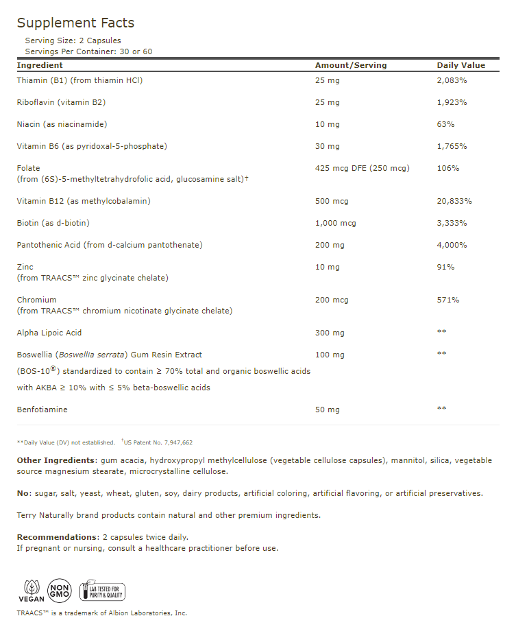 Terry Naturally Healthy & Nerves 120 Caps Supplement Facts