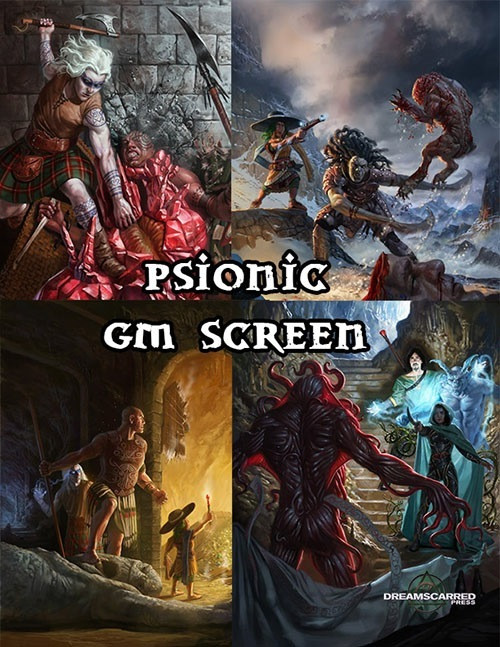 Psionic GM Screen PDF download, a digital product featuring fantasy characters, monsters, and magic users in various dark-themed illustrations, including warriors and mystical settings, by an undisclosed fantasy art creator.