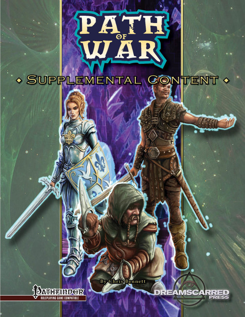 Path of War Supplemental Content PDF published by Pathfinder and Dreamscarred Press, featuring fantasy characters in medieval attire and armor, on a green purple background, tabletop gaming reference guide.