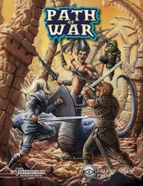 Path of War PDF fantasy combat scene, featuring medieval-style armor and swords in a ruined background with stone archways and rubble, depicting warriors and a lizard creature.
