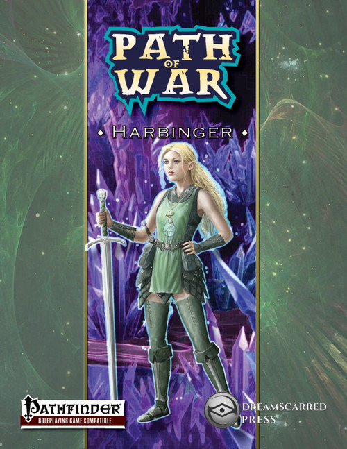 Path of War Expanded: Harbinger PDF by Pathfinder, featuring a female warrior in green armor and purple fantasy background with Dreamscarred Press branding, available for digital download, high-quality PDF format, suitable for tabletop gaming.