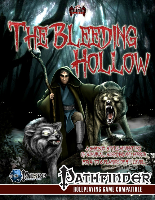 The Bleeding Hollow Deluxe Adventure PDF cover featuring a hooded figure with wolves, Pathfinder RPG compatible, for 4-6 players level 4-6, survival-horror themed.