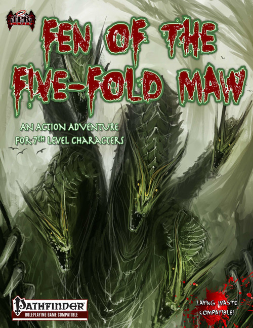 96-page Pathfinder adventure RPG PDF cover art featuring green lizardmen and Sorrowfen swamp environments by TPK Games, a 96-page deadly fantasy module.