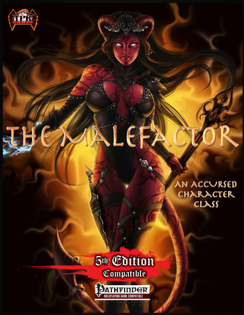 The Malefactor Class Revised & Expanded PDF cover features a female character in red armor with horns, with a Pathfinder and 5th Edition Dungeons & Dragons RPG-compatible design, highlighting an accursed class.
