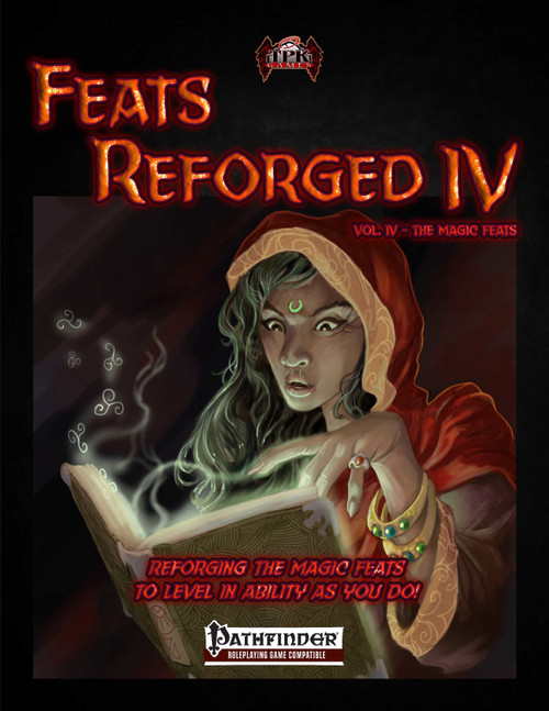 Feats Reforged IV: The Magic Feats PDF by TPK Games, a 24-page digital product featuring a woman in a red hooded cloak, with Pathfinder logo, on a dark fantasy background.