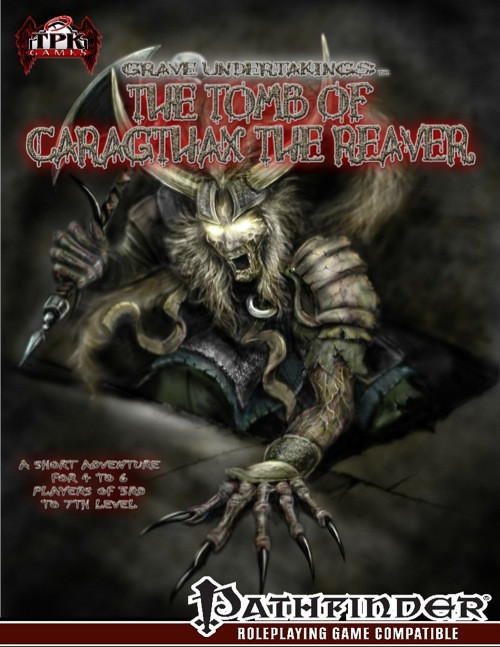 Pathfinder-compatible Grave Undertakings adventure PDF by TPK Games for 4 players at 3rd to 7th level, featuring dark-themed illustrations and a mysterious tomb atmosphere.