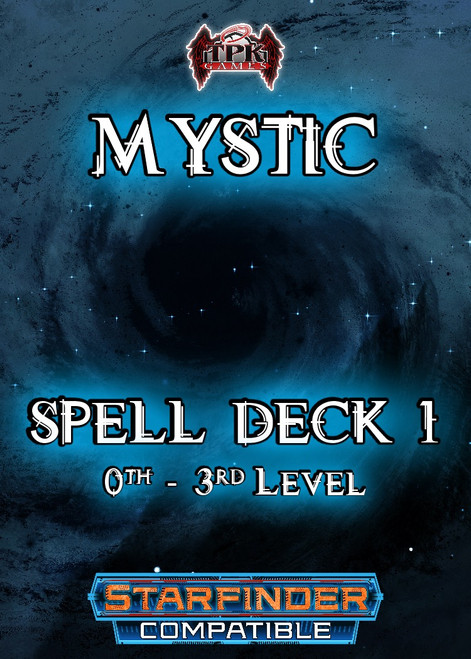 Mystic Spell Deck I, a Starfinder compatible digital PDF, features 62 mystic class spells from level zero to three, in a dark blue format with TPK Games logo, for use in tabletop gaming.