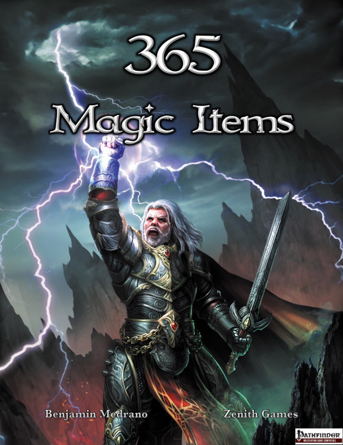 365 Magic Items PDF by Benjamin Medrano, a fantasy PDF book with a cover featuring a knight in armor, wielding a sword, against a dramatic mountainous background, for tabletop RPG enthusiasts and fantasy readers.
