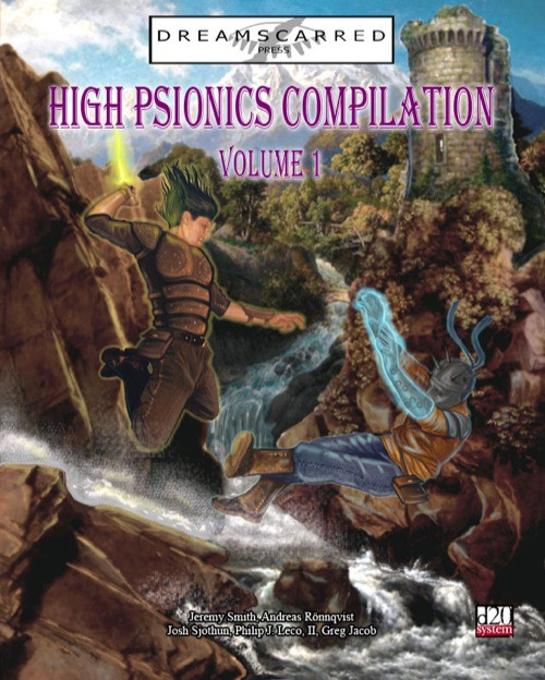 D20 PDF for High Psionics Compilation, Volume 1, published by Dreamscarred Press, featuring combat amidst a scenic landscape with a castle, stream, and mountains in vibrant color and detailed artwork.