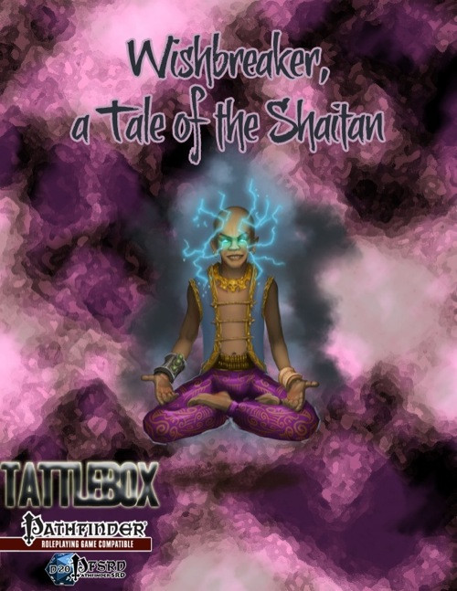 Tattlebox Wishbreaker PDF, a Pathfinder Roleplaying Game compatible monster, featuring a blue glowing Shaitan on a purple background, 1d4 round wish-casting ability, from Zombie Sky Press, high-quality full-color PDF format.