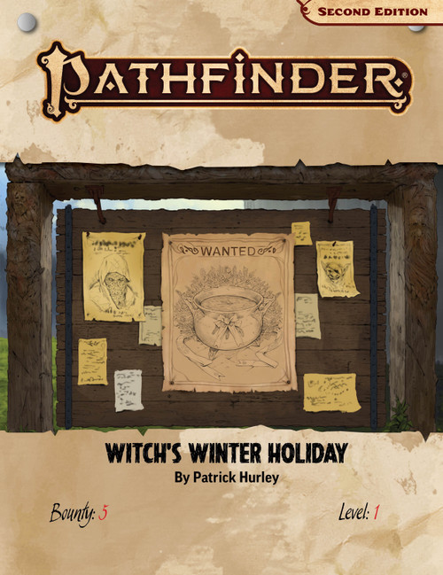 Pathfinder Bounty #5: Witch's Winder Holiday, by Patrick Hurley. Bounty 5, Level 1. Image of an "adventurer's mission" bulletin board with numerous quests on offer. 