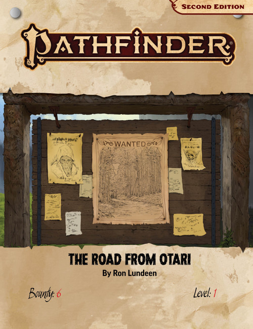 Pathfinder Bounty #6: The Road from Otari, by Ron Lundeen. Bounty 6, Level 1. Image of an "adventurer's mission" bulletin board with numerous quests on offer. 