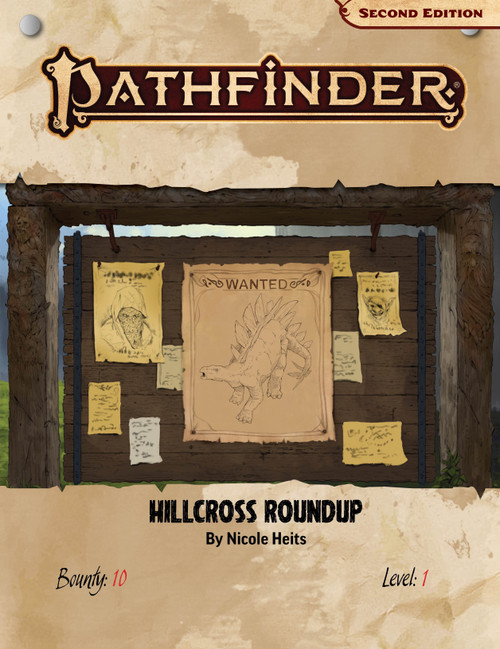 Pathfinder Bounty #10: Hillcross Roundup by Nicole Heits. Bounty 10, Level 1. Image of an "adventurer's mission" bulletin board with numerous quests on offer. 