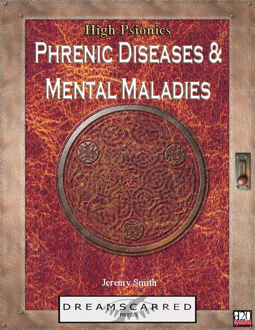 A red leather book cover with metal accents and intricate designs features High Psionics: Phrenic Diseases and Mental Maladies PDF by Jeremy Smith, published by Dreamscarred Press in psionic fantasy genre.
