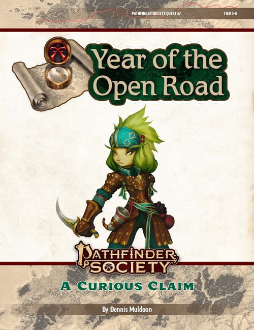 Pathfinder Society Quest #7: A Curious Claim (Pathfinder 1e) by Dennis Muldoon, Year of the Open Road Tier 3-6; a green-haired, green-skinned gnomish rogue wielding daggers