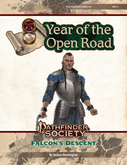 Pathfinder Society Quest #13: Falcon's Descent (Pathfinder 1e) by Joshua Hennington, Year of the Open Road Tier 1-4; a human in armor, their hair shaved into a mohawk and then braided, stands proudly with mace in hand
