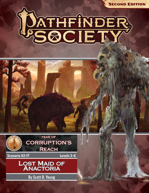 Pathfinder Society Scenario #2-17: Lost Maid of Anactoria (Pathfinder Society 2e) by Scott D. Young Year of Corruption's Grasp Levels 3-6; a vaguely humanoid figure made of rot and refuse looms over the scene of a bear and lizardfolk calmly observing a primeval ruin