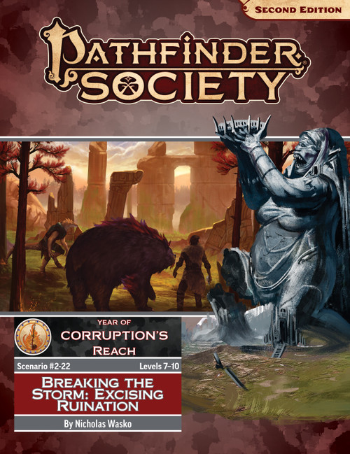 Pathfinder Society Scenario #2-21: Breaking the Storm: Excising Ruination (Pathfinder Society 2e) by Nicholas Wasko Year of Corruption's Grasp Levels 7-10; the statue of a sharp-toothed cyclops kneels down, lifting a crown high over its head; a set of stairs leads up into the statue's bent knee, hinting that this is in truth a massive structure to be explore. In the background, a bear and lizardfolk calmly observing a primeval ruin
