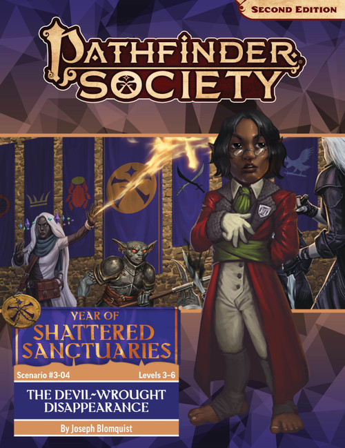 Pathfinder Society Scenario #3-04: The Devl-Wrough Disappearance (Pathfinder Society 2e) by Joseph Blomquist, Year of Shattered Sanctuaries Levels 3-6; a regal-looking halfling majordomo stands at the ready over the scene of a scarred hobgoblin and an oread mage defending the Pathfinder Grand Lodge from an unseen assailant.