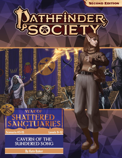 Pathfinder Society Scenario #3-15: Cavern of the Sundered Song (Pathfinder Society 2e) by Kate Baker, Year of Shattered Sanctuaries Levels 9-12; an elven adventurer dressed all in brown glances back over the scene of a scarred hobgoblin and an oread mage defending the Pathfinder Grand Lodge from an unseen assailant.
