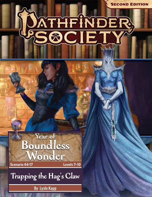 Pathfinder Society Scenario #4-17: Trapping the Hag's Claw by Lysle Kapp (Pathfinder Society 2e) Year of Boundless Wonder Level 7-10; the Waterfall, a mysterious woman in a cascading blue gown whose face is entirely concealed by a majestically flowing waterfall mask, stands with her hands clasped over the scene of a human adventurer and her fungus leshy companion admiring a room full of magical artifacts.
