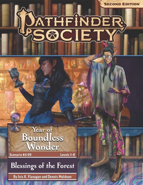 Pathfinder Society Scenario #4-99: Blessings of the Forest by Dennis Muldoon and Ivis K. Flanagan (Pathfinder Society 2e) Year of Boundless Wonder Level 1-8; an excentric-looking elf with cokebottle glasses and flowing, paint-stained, neon-colored clothes, looks mildly baffled over the scene of a human adventurer and her fungus leshy companion admiring a room full of magical artifacts.