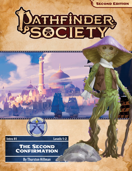 Pathfinder Society Intro #1: The Second Confirmation by Thurston Hillman (Pathfinder Society 2e) Levels 1-2; Rain in a Cloudy Day, a bright-eyed young fungus leshy adventure, stands ready and excited for their first adventure, over a distant view of gleaming white-stone Absalom, the City of Lost Omens, the City at the Center of the World.