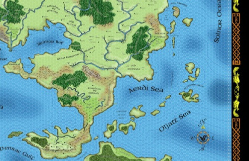 Greyhawk Poster Map: Lower Right Quadrant, 21"x30" full-color, officially licensed map featuring World of Greyhawk geography, with labeled regions and seas, originally included with Dungeon 120.